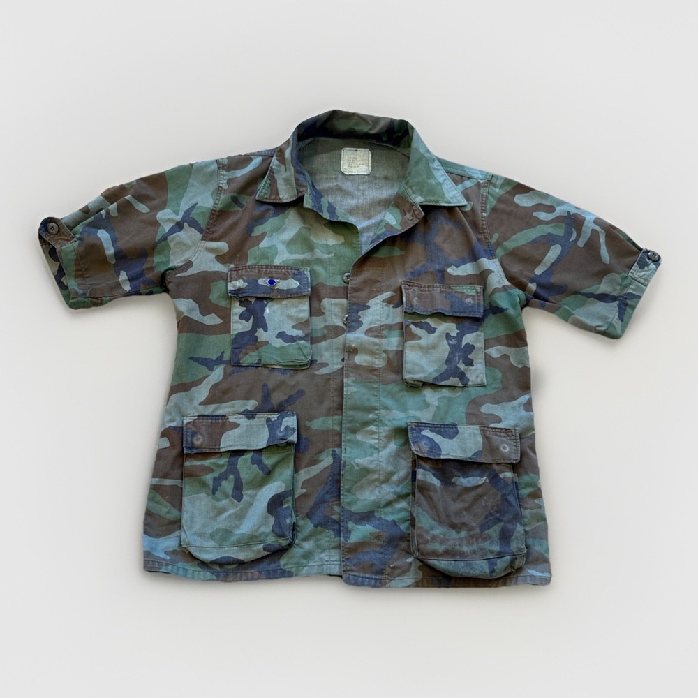 Vintage Military Combat Coat‎ Mens XL Woodland Camo BDU Short Sleeve